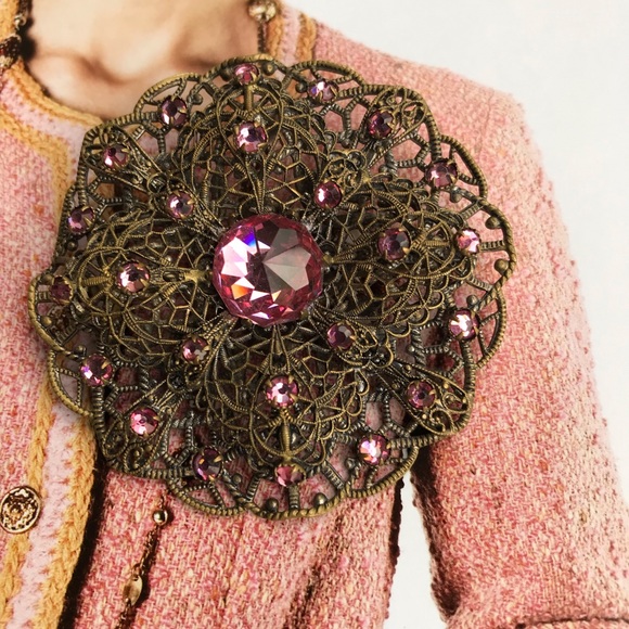 Art nouveau Filigree Filigree Round 1920 Brooch Pin - Picture 7 of 9